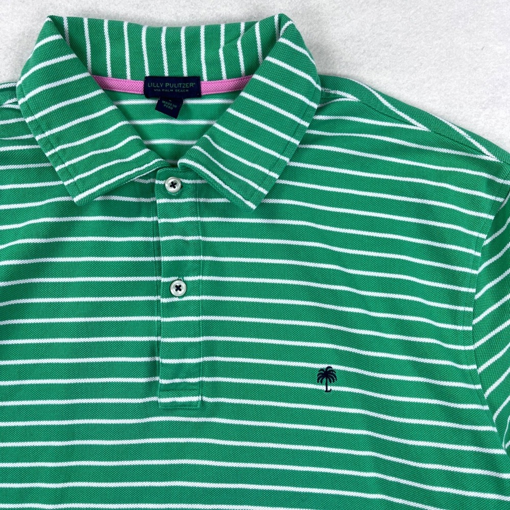 Lilly Pulitzer Mens Green White Striped Pima Cotton Palm Tree Polo Shirt L